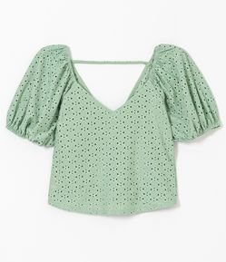Blusa em Laise com Mangas Curtas Bufantes e Decote V