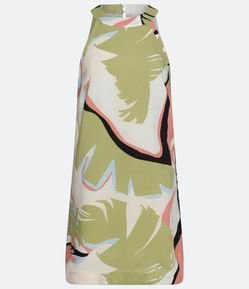 Vestido Curto em Viscose com Gola Halter e Estampa de Folhagem