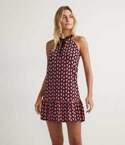 Vestido Curto em Jersey com Gola Halter e Estampa de Corações