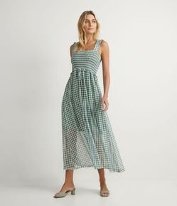 Vestido Midi em Tule com Estampa Xadrez Vichy e Lastex