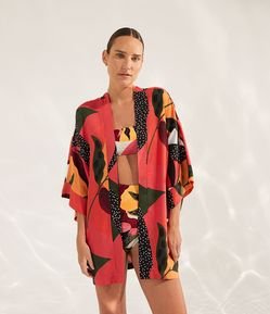 Saída de Praia Kimono em Viscose com Estampa de Folhagens