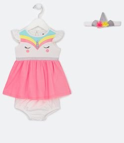 Vestido Infantil Estampado Unicornio con Bombacha y Tiara - Tam 0 a 18 meses
