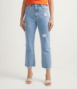 Pantalón Recta Cropped Jeans con Cintura Alta y Desgastes