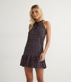 Vestido Curto em Jersey com Gola Halter e Babado na Barra