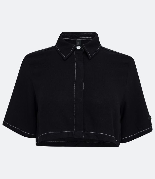 Camisa Cropped en Viscosa con Pespuntos Contrastantes Negro 6