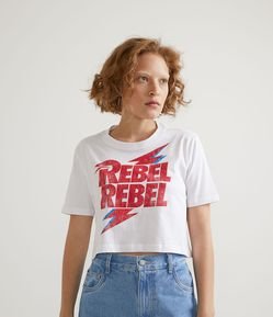 Blusa Cropped Manga Curta em Algodão com Estampa Localizada Rebel David Bowie
