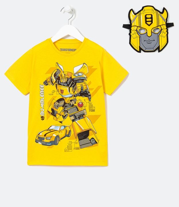 Camiseta Infantil Manga Curta Estampa Bumblebee com Máscara - Tam 3 a 8 anos