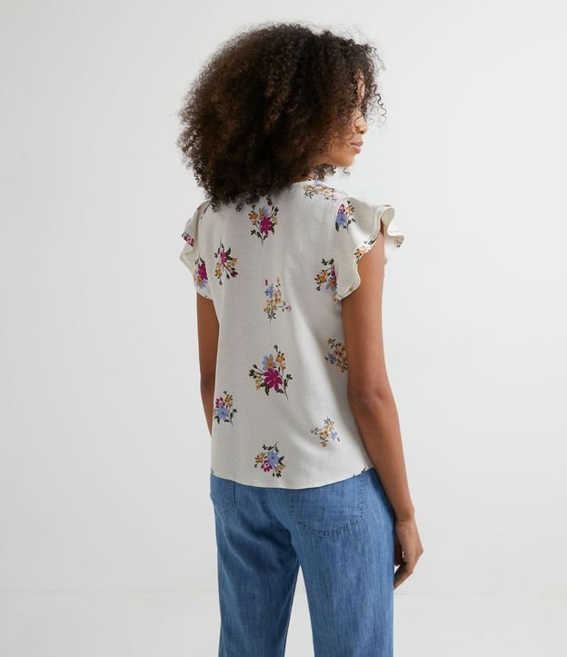 Blusa Manga Corta em Viscolino com Volantes e Estampado Floral Beige 2