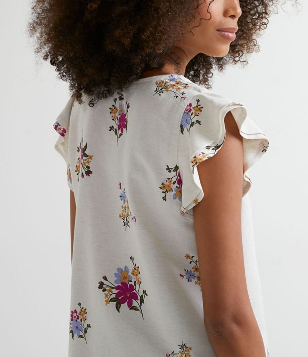 Blusa Manga Corta em Viscolino com Volantes e Estampado Floral Beige 3