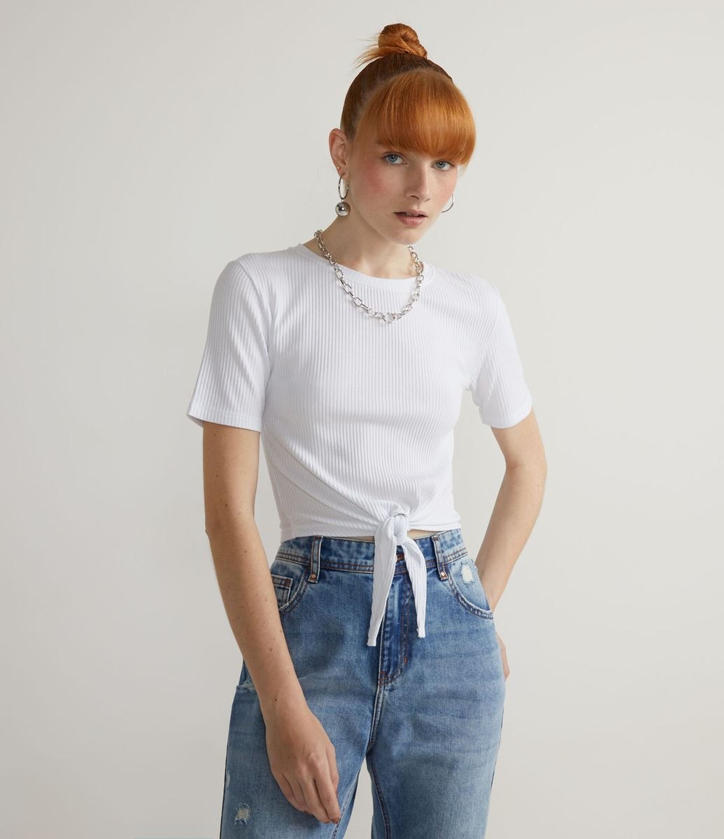 Blusa Básica em Viscose Canelada com Manga Curta e Amarração Frontal Menor preço em Blusa Básica em Viscose Canelada com Manga Curta e Amarração Frontal