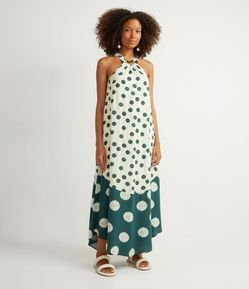 Vestido Midi em Viscose com Aviamento na Gola e Estampa em Mix de Poá