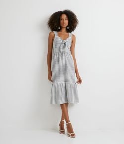 Vestido Midi em Viscose Listrado com Amarração Frontal