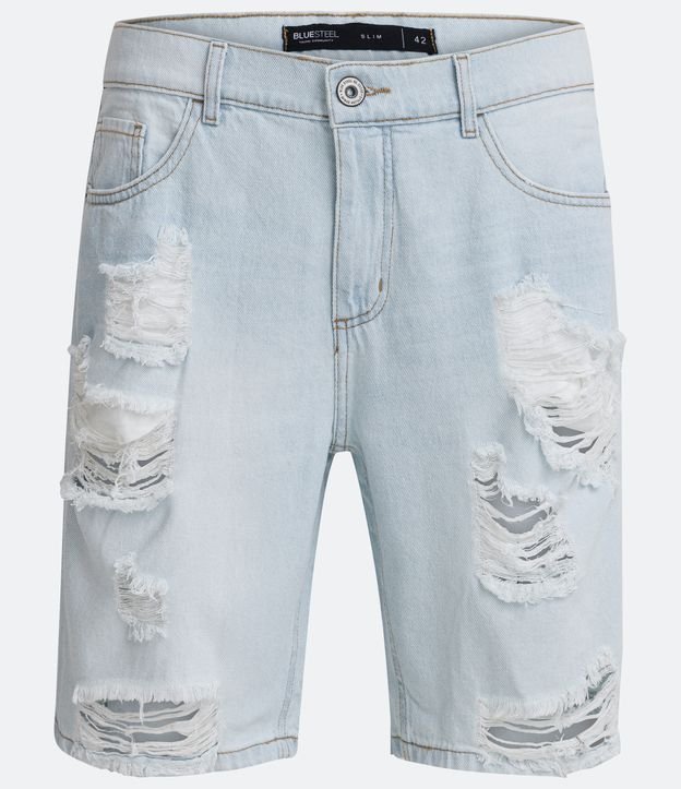 Bermuda Jeans Sem Estampa com Rasgos e Puídos Azul 5
