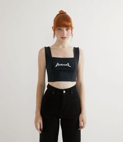 Blusa Cropped em Algodão com Estampa Escrita Hardcore