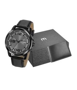 Kit Relógio Mondaine Masculino com  Caixa em Metal Preto e Pulseira em Couro 99382GPMVPH2K1