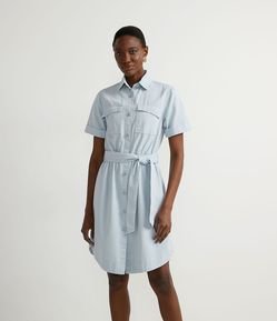 Vestido Curto em Sarja com Bolos e Faixa para Amarração