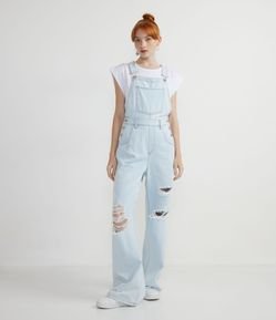 Macacão Wide Leg Jeans com Rasgos e Puídos