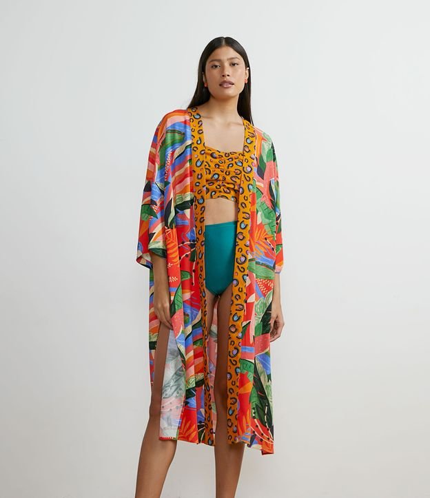 Kimono Alargado en Viscosa con Estampado de Follajes Multicolores 1