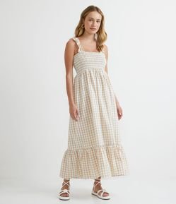 Vestido Midi em Algodão com Lastex no Busto e Estampa Xadrez