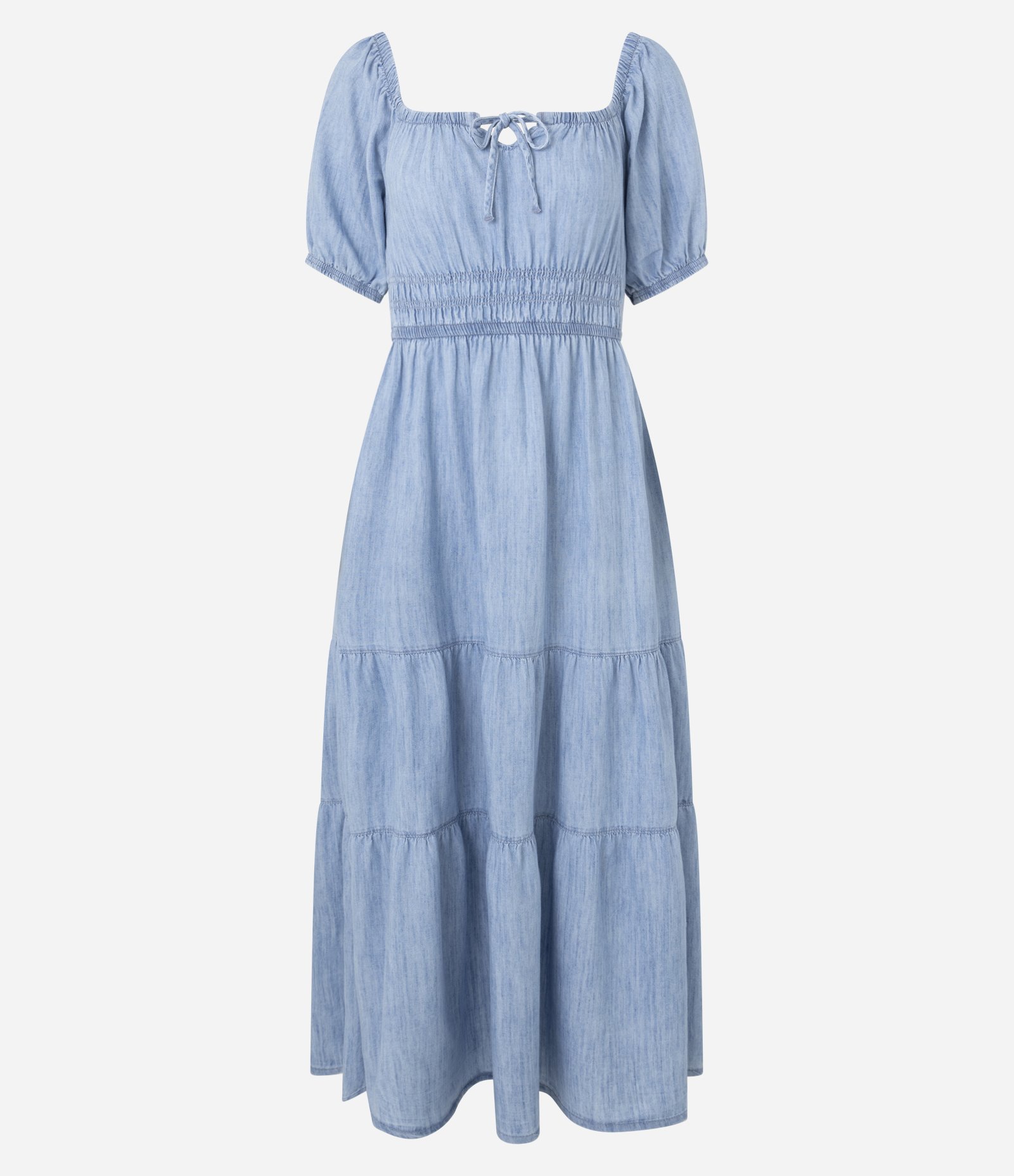 Vestido Midi Jeans com Manga Bufante e Marias na Saia Azul 6