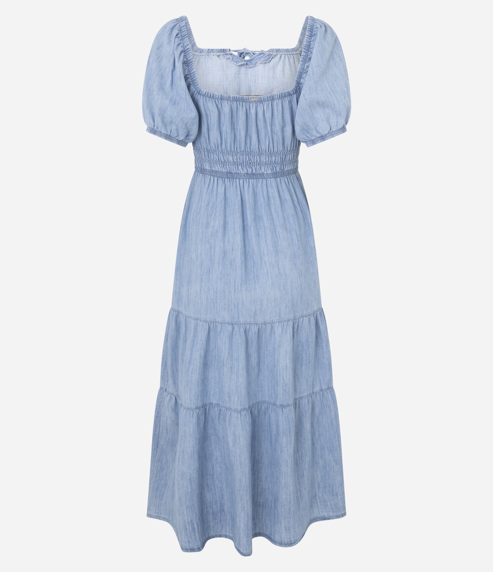 Vestido Midi Jeans com Manga Bufante e Marias na Saia Azul 7