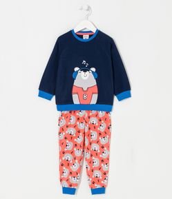 Pijama Longo Infantil em Fleece com Bordado de Urso - Tam 1 a 4 anos