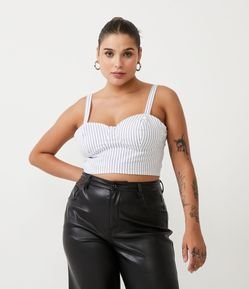 Blusa Regata Cropped em Algodão com Decote Coração e Estampa Listrada