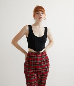 Blusa Regata Cropped em Ribana com Recorte Corset