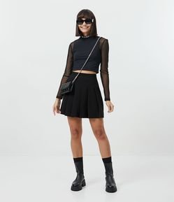 Saia Evasê Curta em Crepe com Pregas sem Estampa