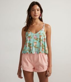 Blusa Regata Curta em Crepe com Estampa Tropical