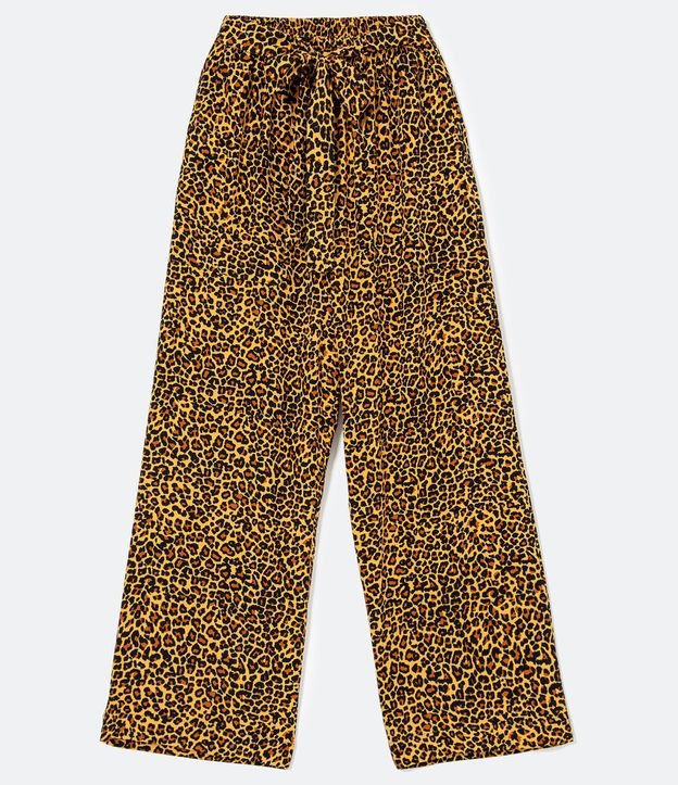 Calça Pantalona em Viscose Estampa Animal Print e Faixa para Amarração Amarelo 6
