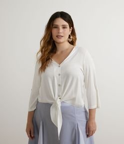 Camisa Manga Longa em Mix de Tecidos com Amarração na Barra Curve & Plus Size