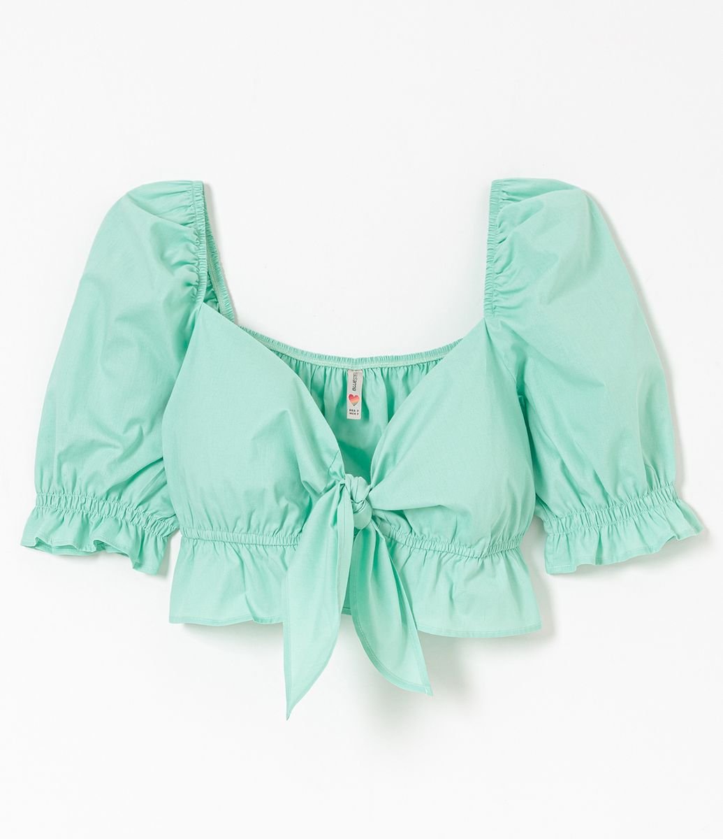 Blusa Cropped em Tricoline com Amarração Frontal e Babados Menor preço em Blusa Cropped em Tricoline com Amarração Frontal e Babados