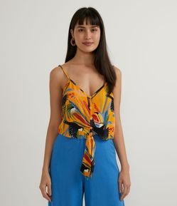 Blusa Regata Curta em Viscose com Estampa de Tucanos e Amarração