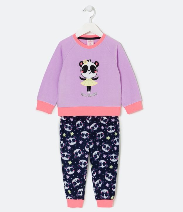 Pijama Largo Infantil en Fleece con Bordado de Panda Bailarina - Talle 1 a 4 años Violeta 1