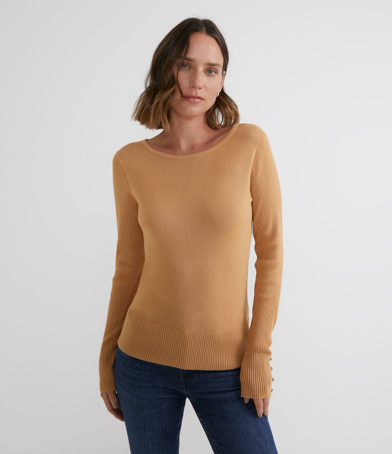 Suéter Alongado em Tricô com Manga Longa Bege 1