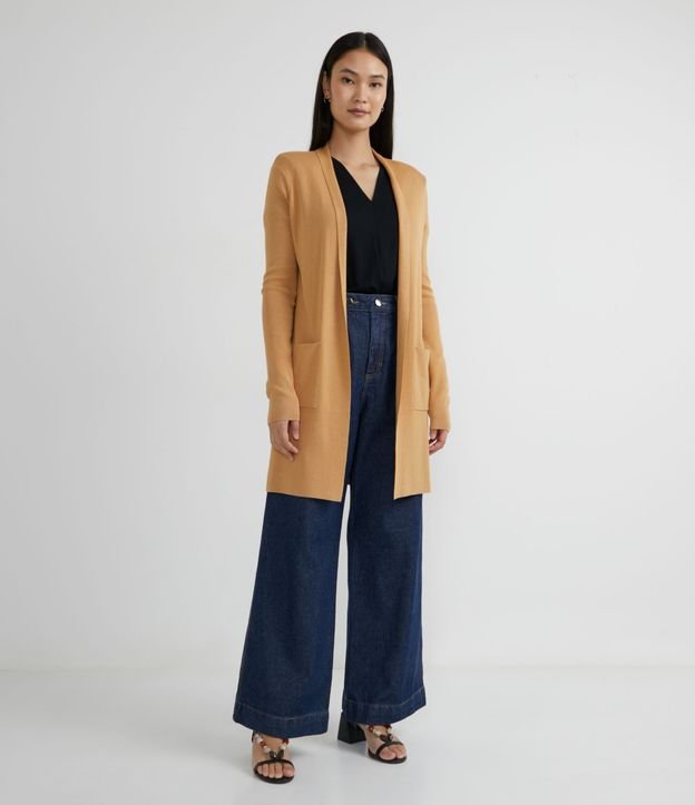 Cardigan Alargado Básico de Punto con Bolsillos Marrón 4