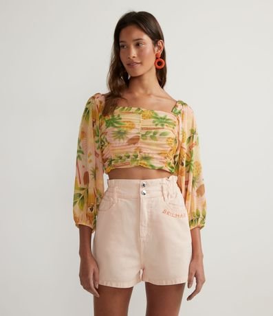 Blusa Cropped em Tule com Estampa de Frutas Menor preço em Blusa Cropped em Tule com Estampa de Frutas