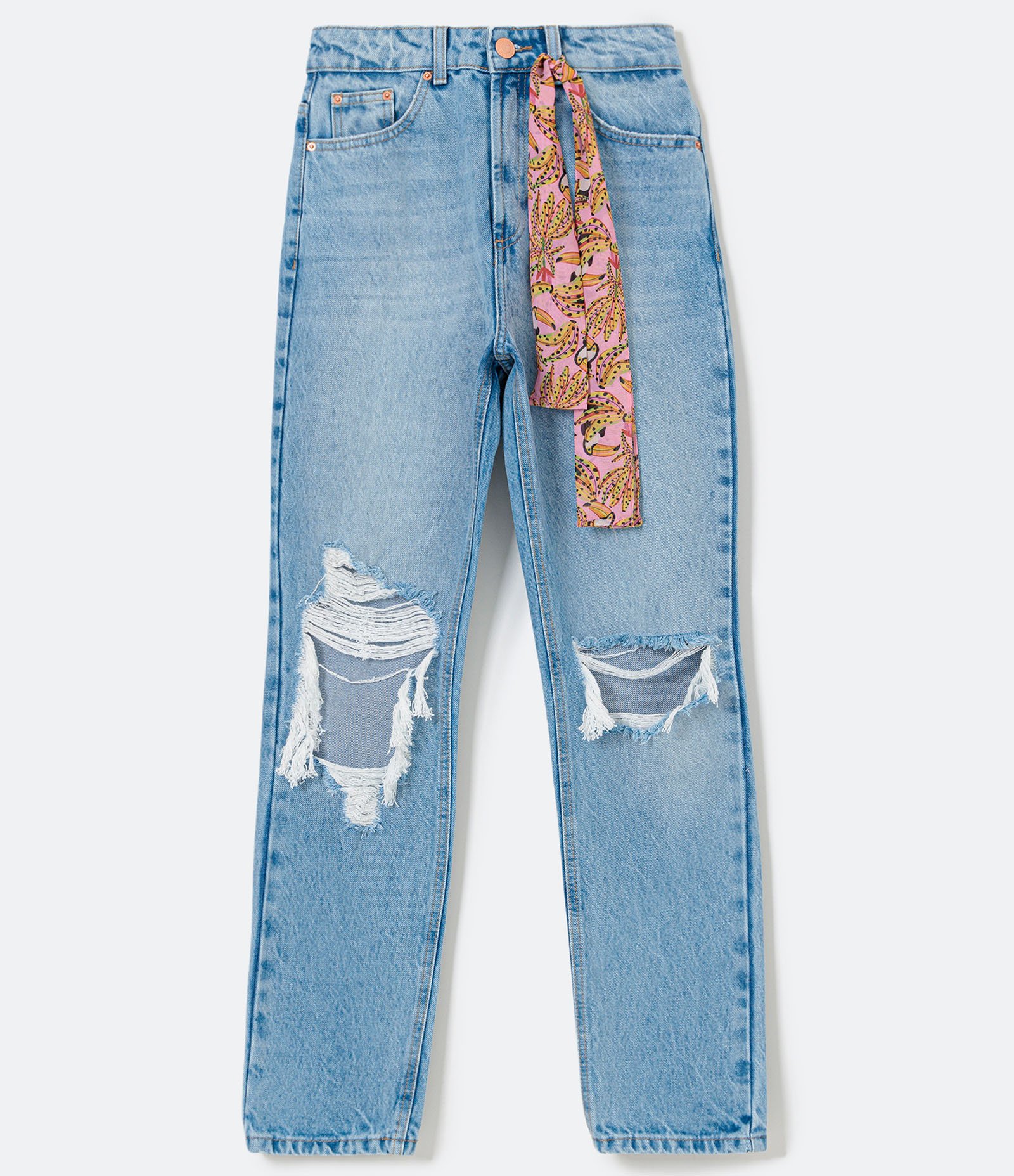 Calça Reta Jeans Liso com Puídos e Lenço Estampado Azul 6