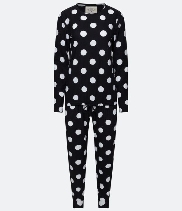 Pijama Largo con Estampado Lunares y Amarre en la Barra de la Blusa Negro 5