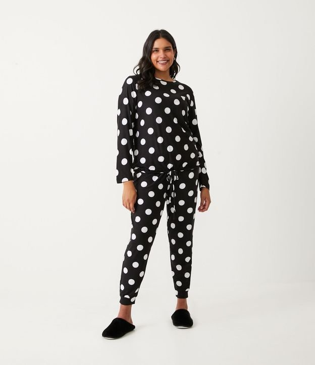 Pijama Largo con Estampado Lunares y Amarre en la Barra de la Blusa Negro 1