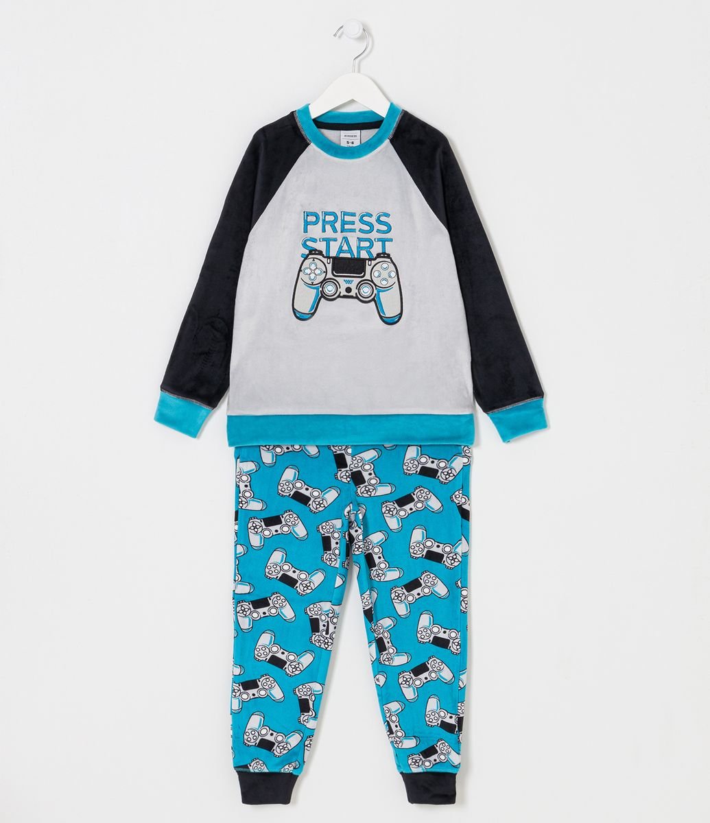 Pijama Longo Infantil em Fleece com Bordado Controle de Game - Tam 5 a 14  anos Azul