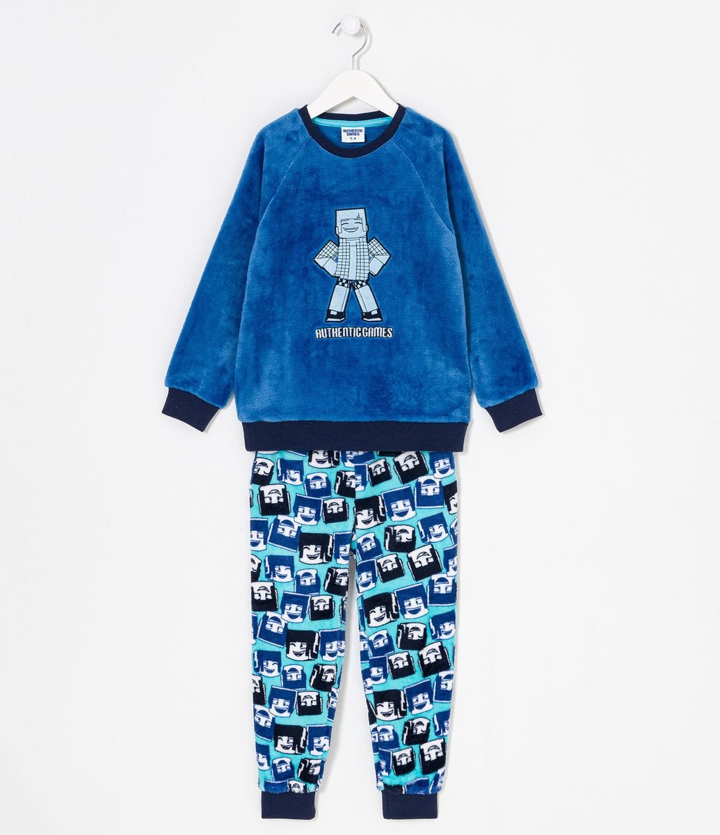 Pijama Longo em Fleece com Estampa Authentic Games - Tam 05 a 14 Anos Azul