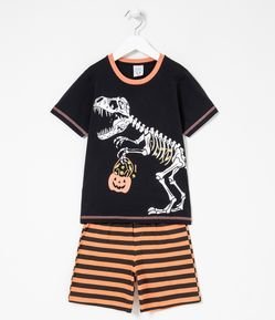 Pijama Infantil Curto Estampa Dino Esqueleto Halloween - Tam 6 a 10 anos