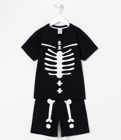 Pijama Infantil Curto com Estampa Localizada Esqueleto Brilha no Escuro - Tam 4 a 14 Anos