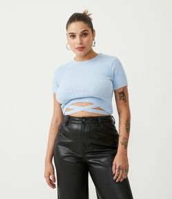 Blusa Cropped em Tricô Canelado com Amarração no Corpo