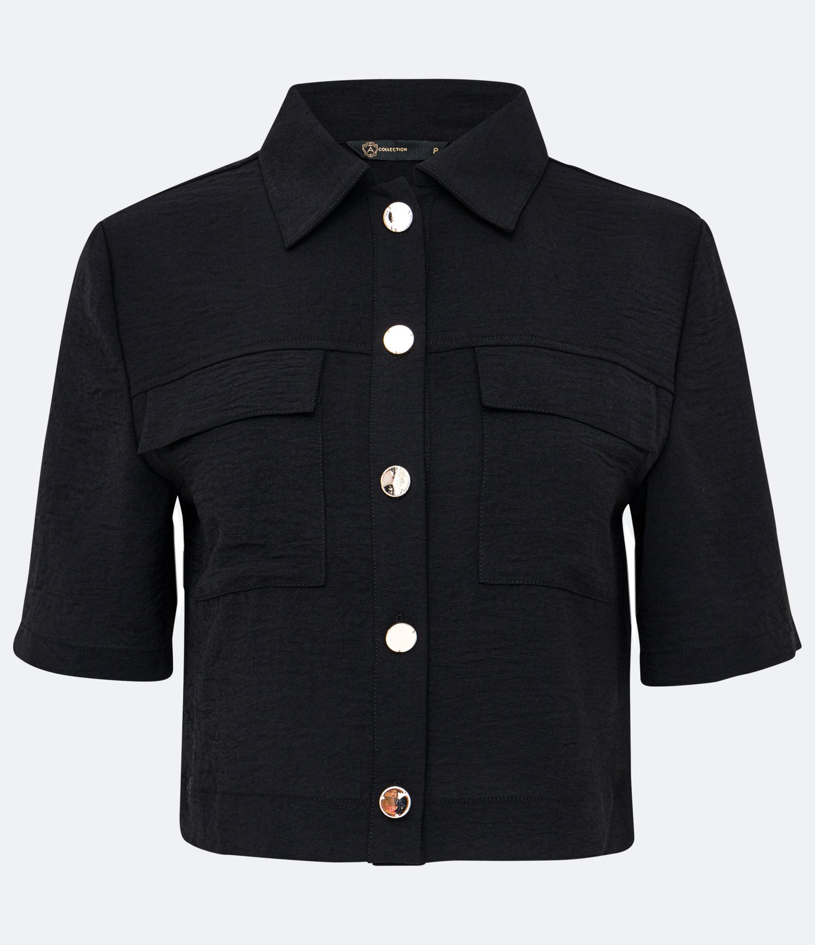 Camisa Manga Curta Texturizada com Bolsos em Lapela Preto 5