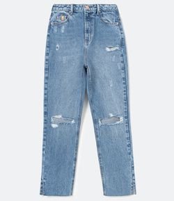 Calça Cropped Reta Jeans com Puídos e Fenda na Barra