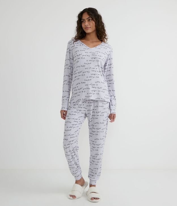 Pijama Longo com Punhos Ajustados Estampa com Escritas e Toque Suave