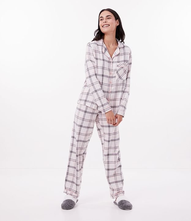 Pijama Americano Longo em Flanela Xadrez com Bolsinho